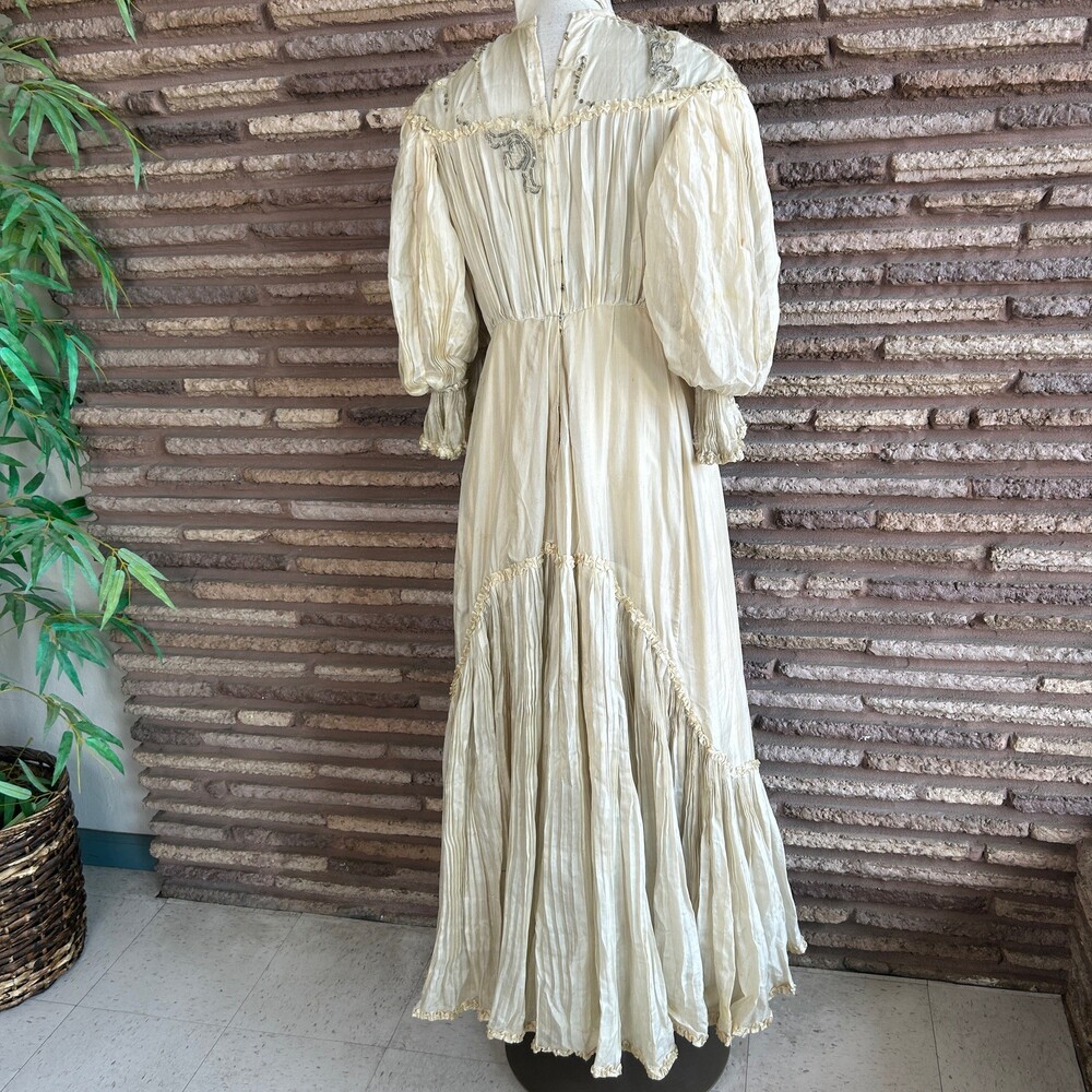 Antique Victorian Ivory Dress Mesh Lace Sequins Distressed Damaged As Is - Picture 6 of 16